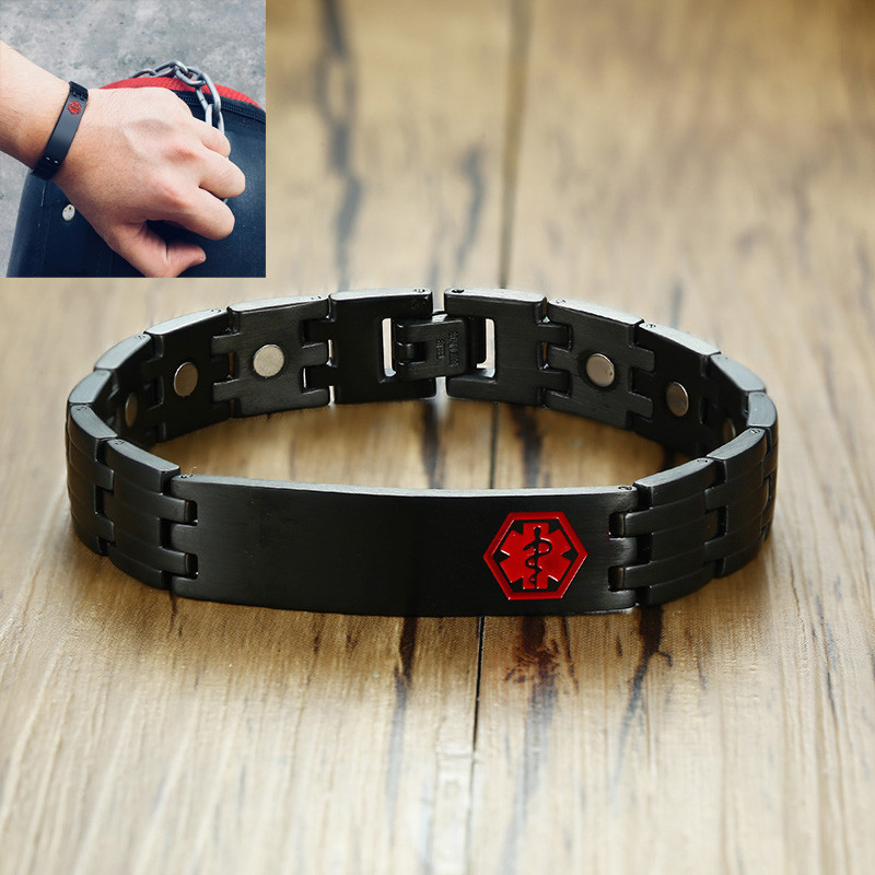 Magnetic Health Medical Alert ID Men Bracelet Free Engrave Stainless Steel Black