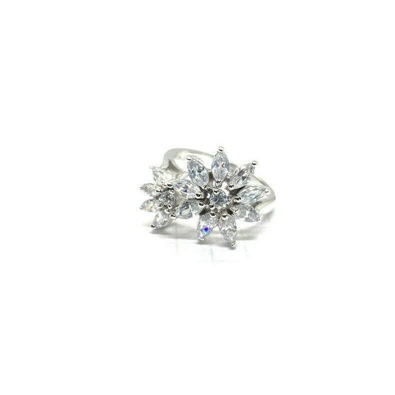 (SIZE 6,7,8,9) Sparkling Double FLOWERS RING Clear CZ Stones 925 STERLING SILVER