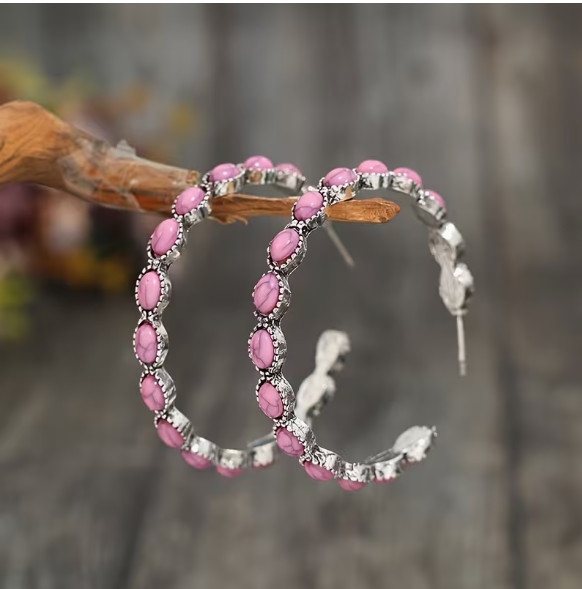 WESTERN- Earrings Beaded Hoop Pink C Shaped Earrings