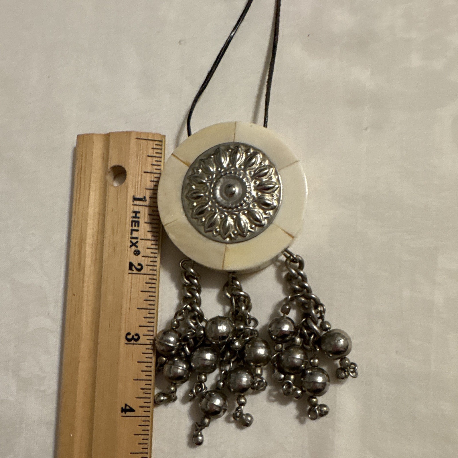 Vtg Round Cream & Silver Tone Charm Pendant Cord Necklace Silver Tone Dangles