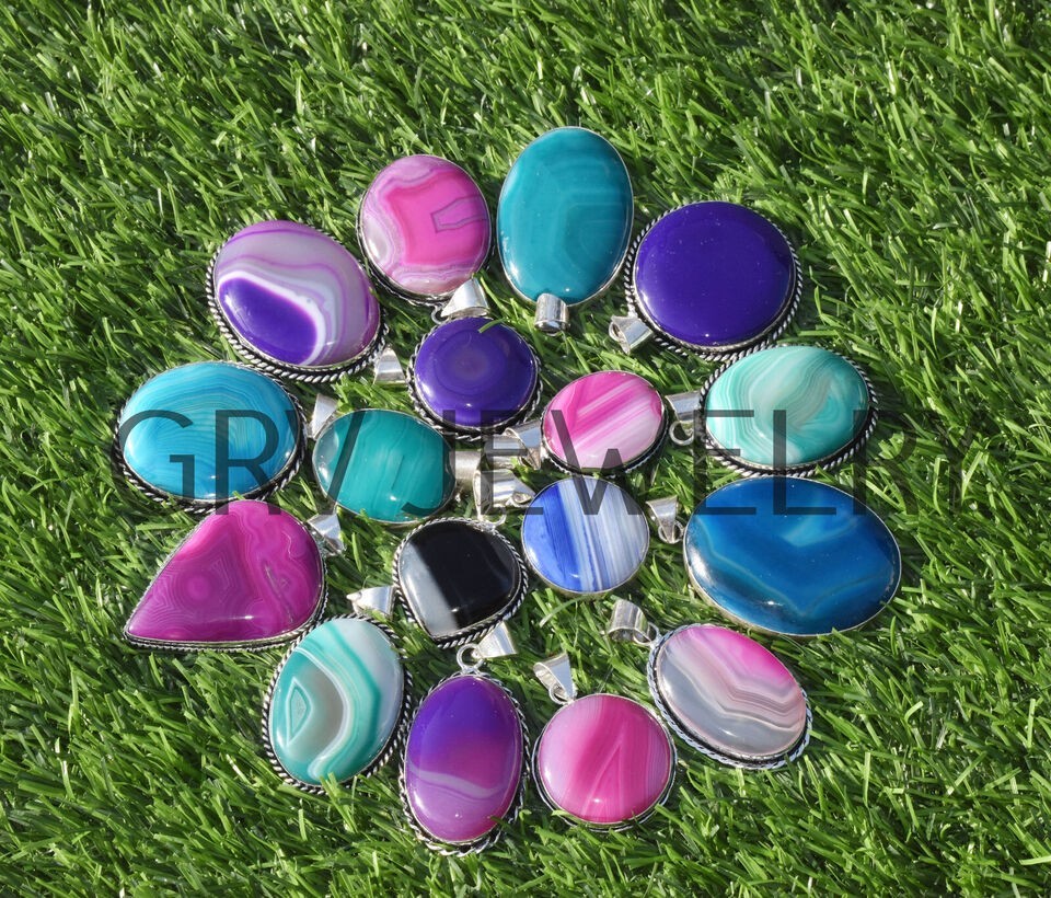 1-1000 Pcs Banded Agate Gemstone Handmade Pendant Lot Bulk: Silver Plated WH-5