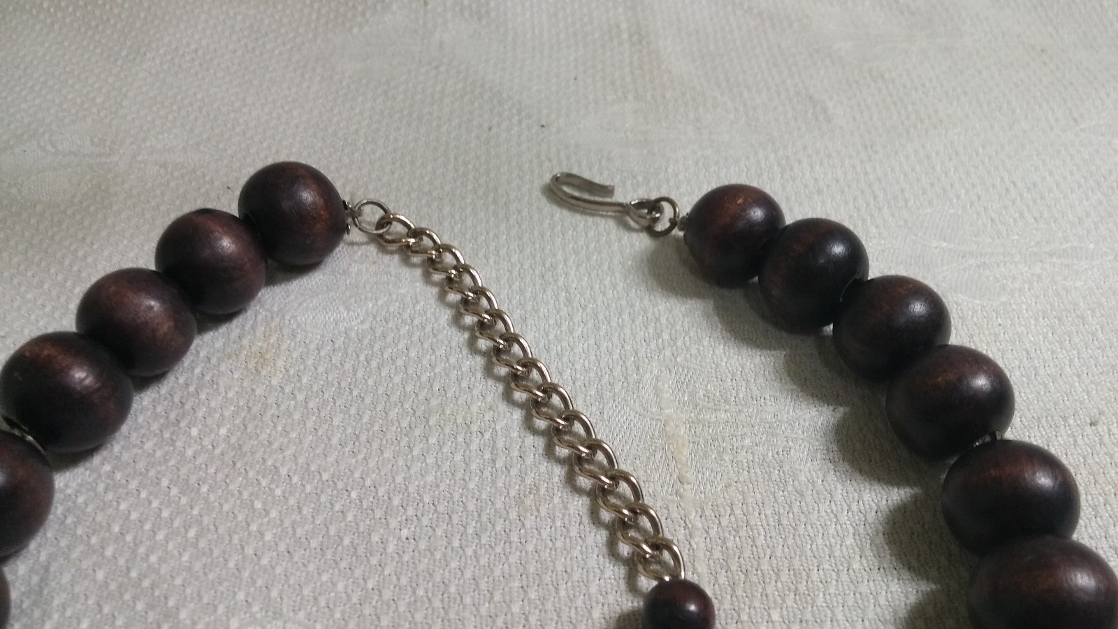 Vintage Silvertone Metal Dark Stain Wood Bead Clear Crystal Bead 17″ Necklace