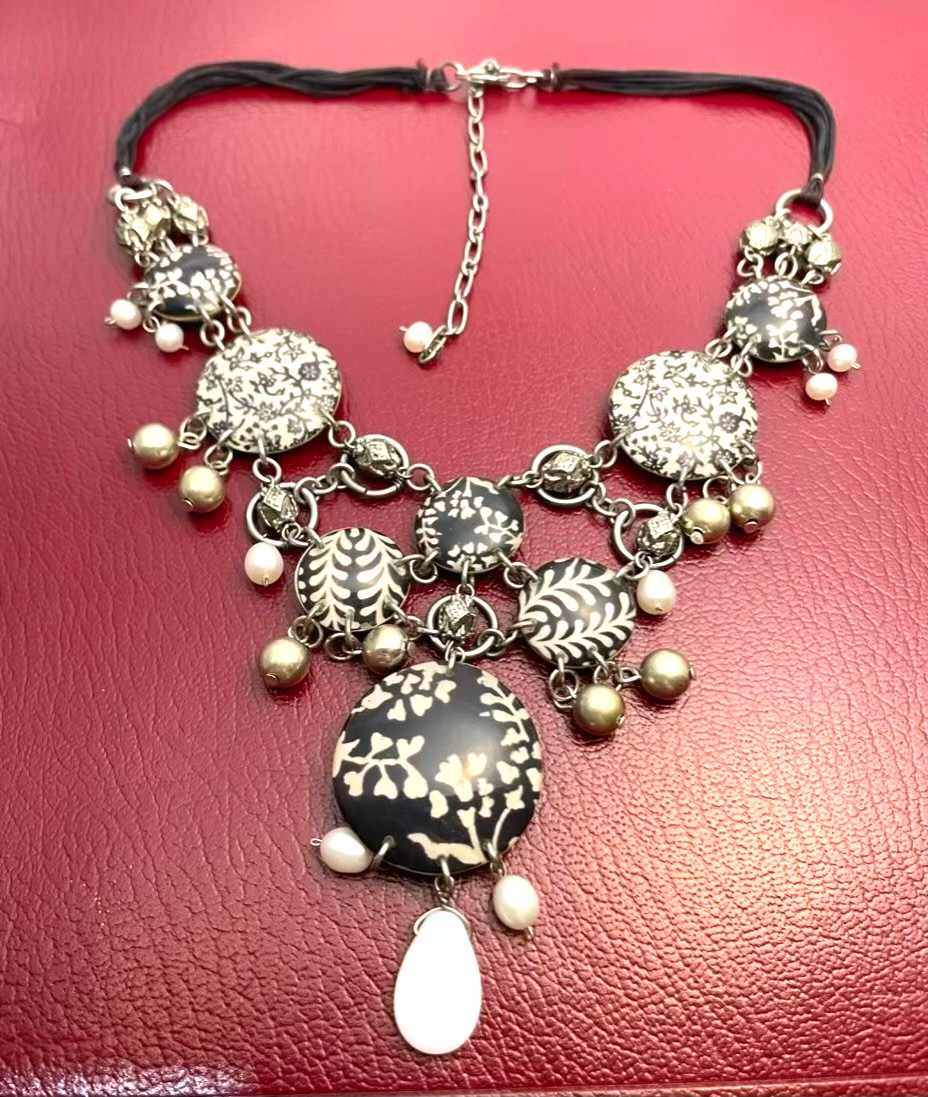 Unique Black & White Statement Necklace Layered Baroque Pearl Floral Maximalist
