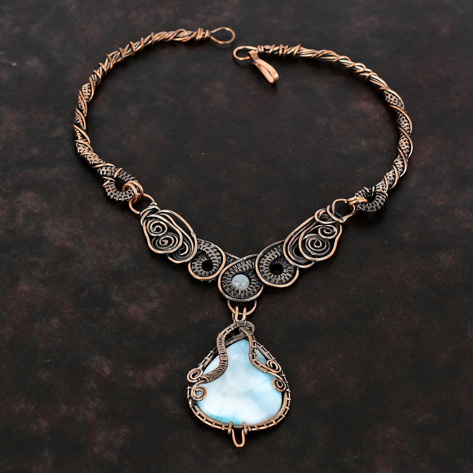 Larimar Gemstone Jewelry Copper Gift For Mum Wire Wrapped Chain Necklace 18.0″