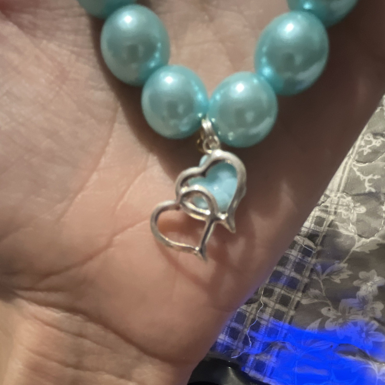 Blue Plastic Round Beaded Stretch Bracelet No Clasp Heart Dangle Charm (Medium)
