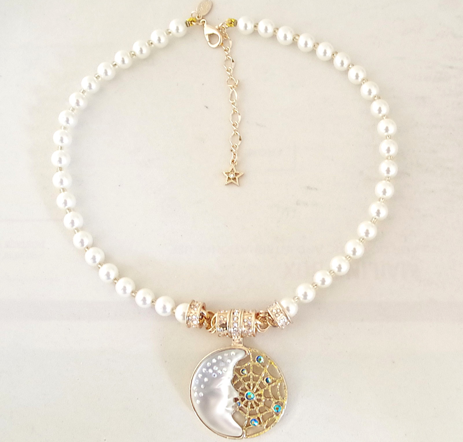 KIRKS FOLLY AB CRYSTAL RHINESTONE WHITE MOON/ DREAM CATCHER ENHANCER NECKLACE