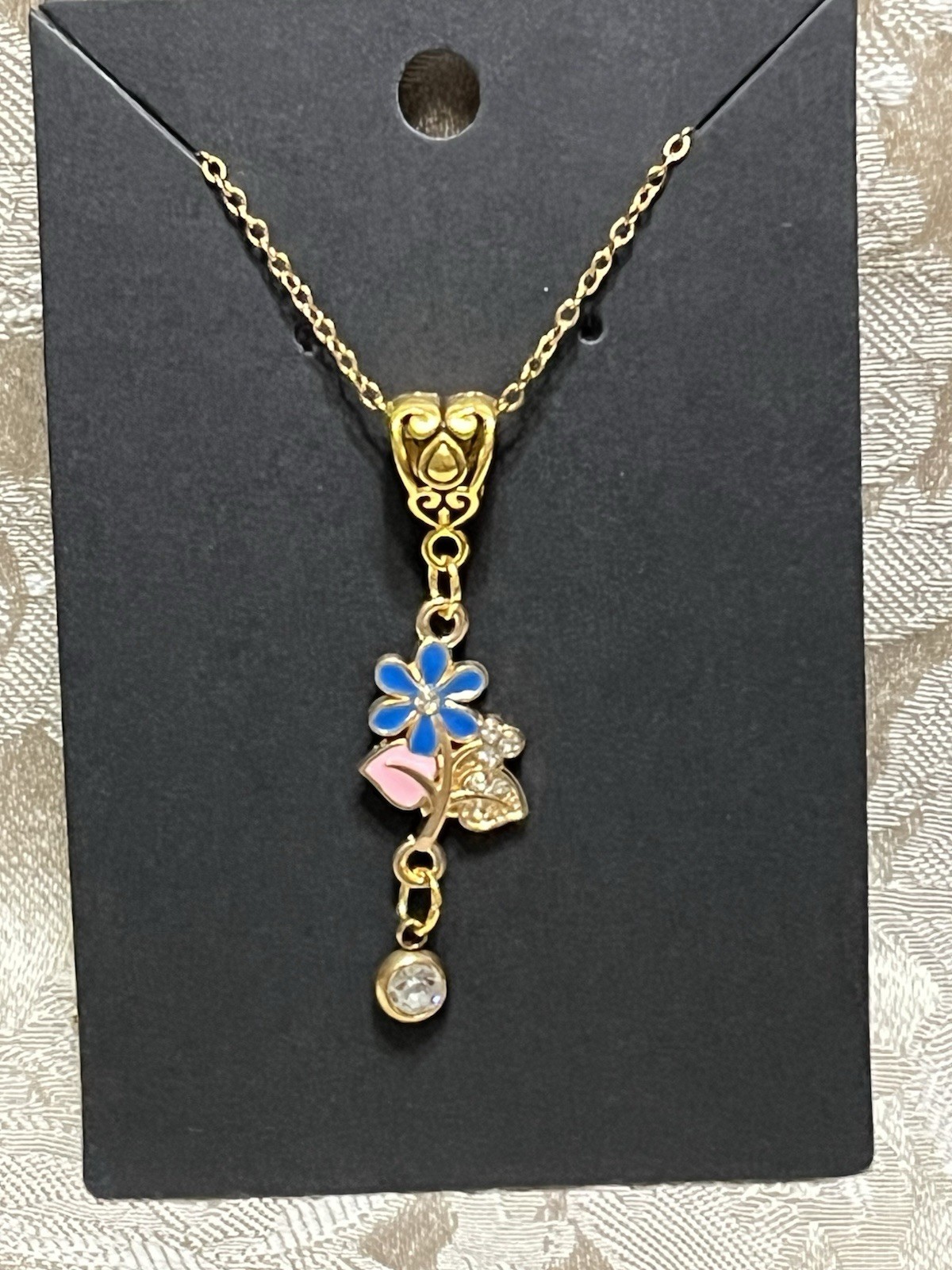 Retro Floral Gem Enamel Pendant Gold 18” Necklace Bohemian Floral Novelty