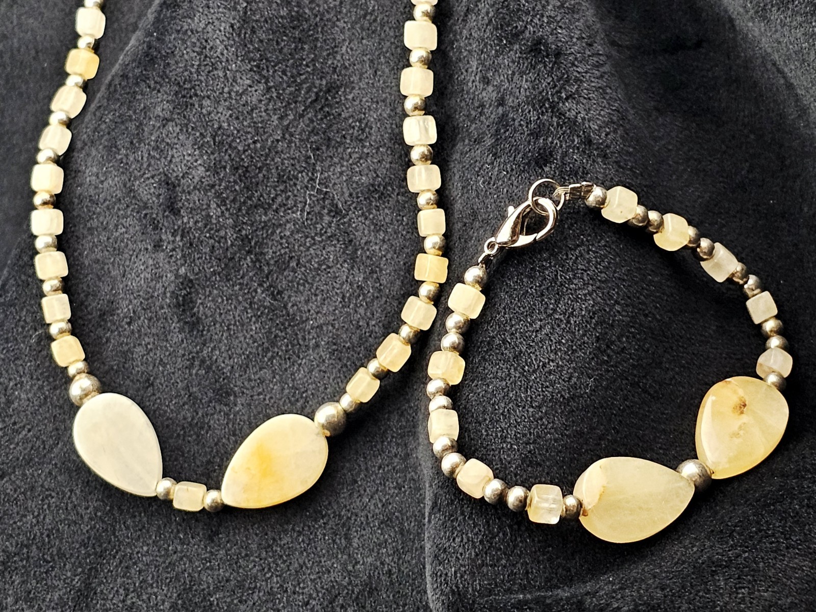 Yellow Adventurine Stone Necklace & Bracelet Set 16″/7″ Teardrops & Squares 30 g