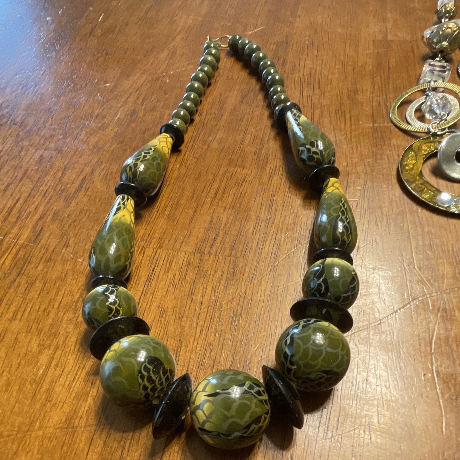 Lot of 3 Olive/Army Green and Yellow Beaded Statement Necklaces w/ Round Charms