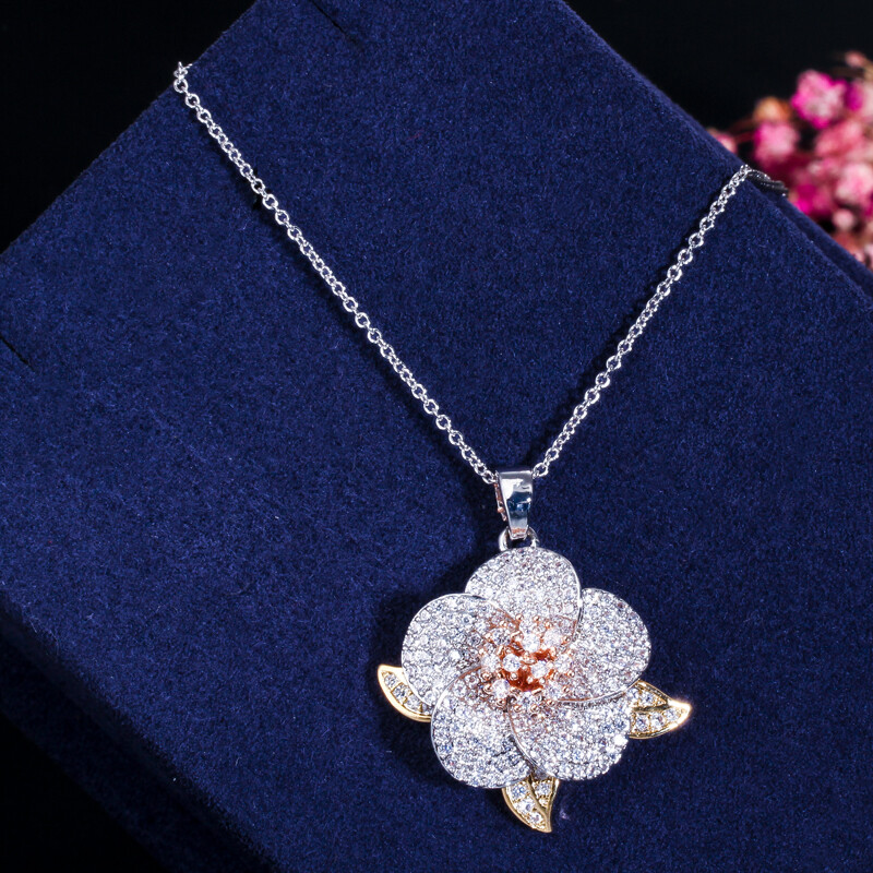 CWWZircons Silver Rose Gold Plated CZ Lady Flower Pendant Necklace Earrings Sets