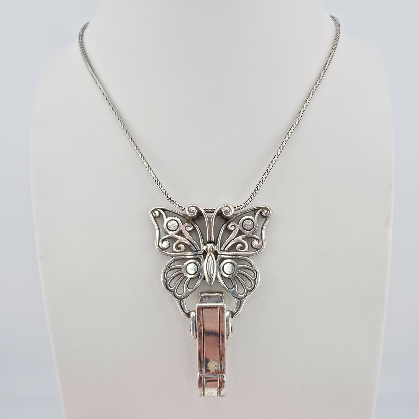 BRIGHTON Butterfly Badge ID Clip Lanyard Necklace Crystal Silver Plate 32″