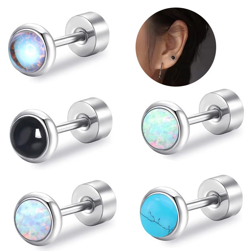 A Pair 316L STAINLESS STEEL SCREW BACK Opal Round Ball Stud EARRINGS 4mm H11