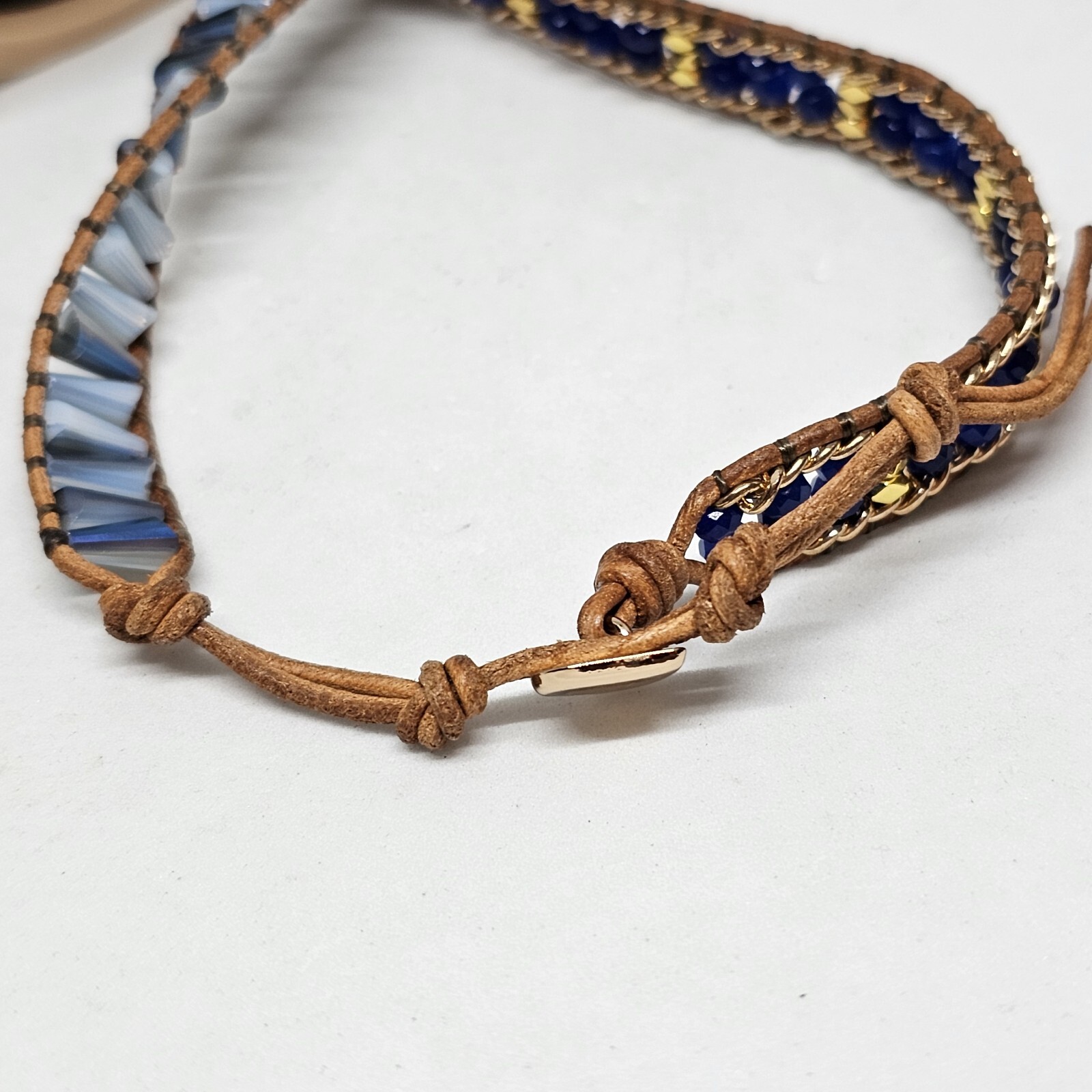 Blue Lapis Lazuli Tree of Life Bracelet Gold Crystal Braded Wrap Leather Boho