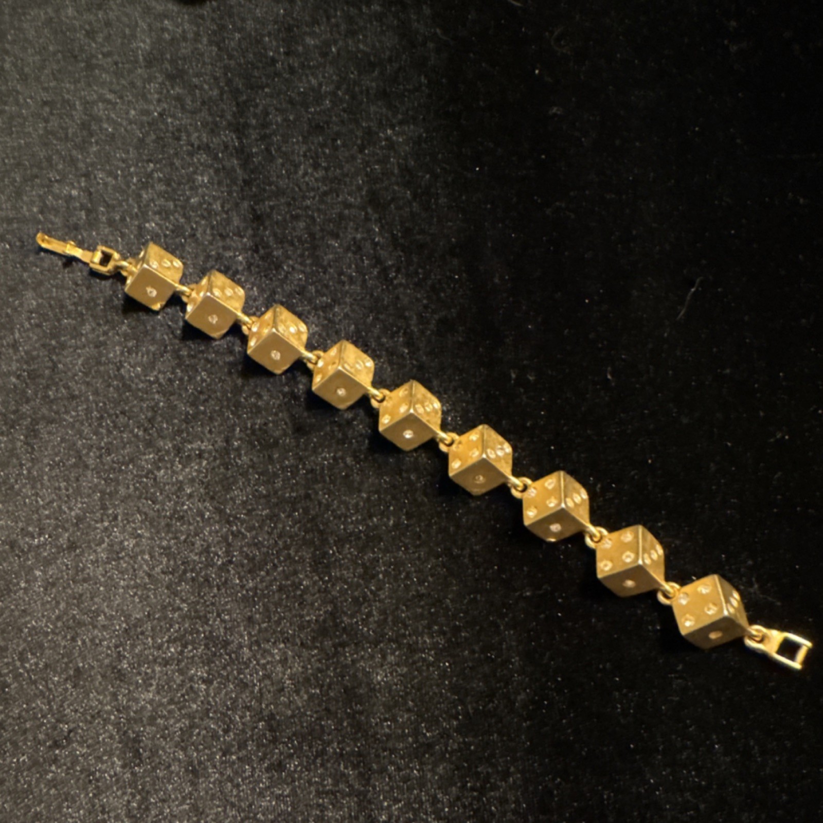 Gold Tone Dice Link Bracelet Clear Crystal Accents Snap Clasp 7.5 in