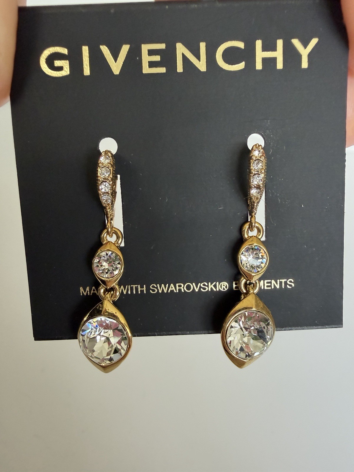 Givenchy Gold Tone Swarovski Crystal Double Drop Teardrop Leverback Earrings