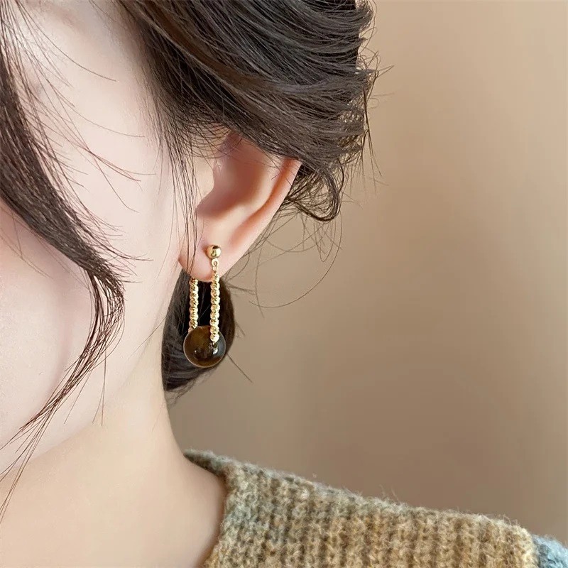 Round Tiger Eye Stone Hanging Earrings Womens Pendant Earring Fashion Jewelry
