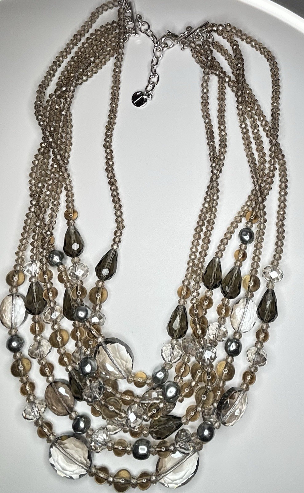 Talbots 6 Strand Gray Smoky Glass Bead Statement Necklace 21” Layered Signed