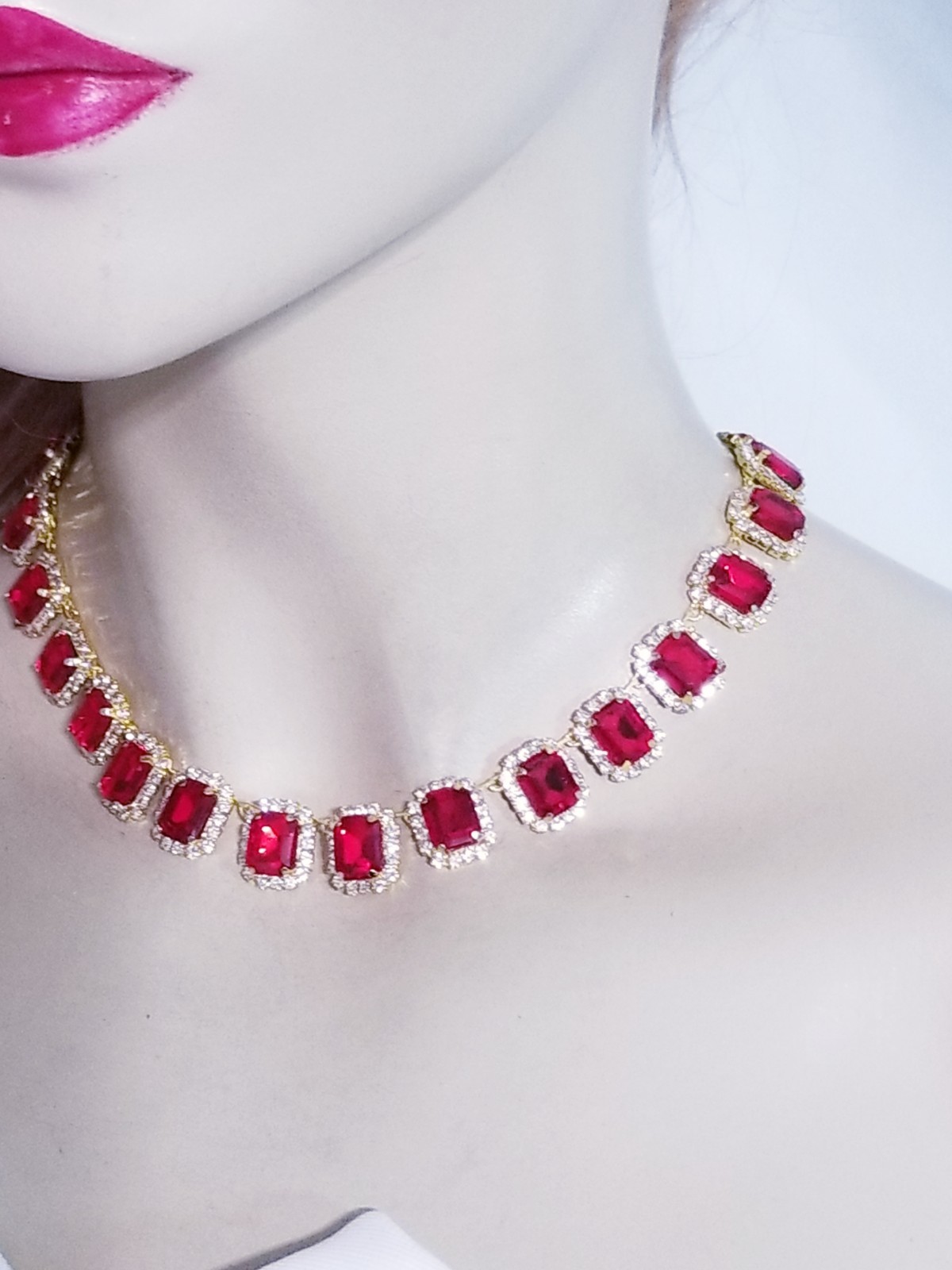 Red Statement Choker Rhinestone Necklace Bridal Prom Pageant Jewelry