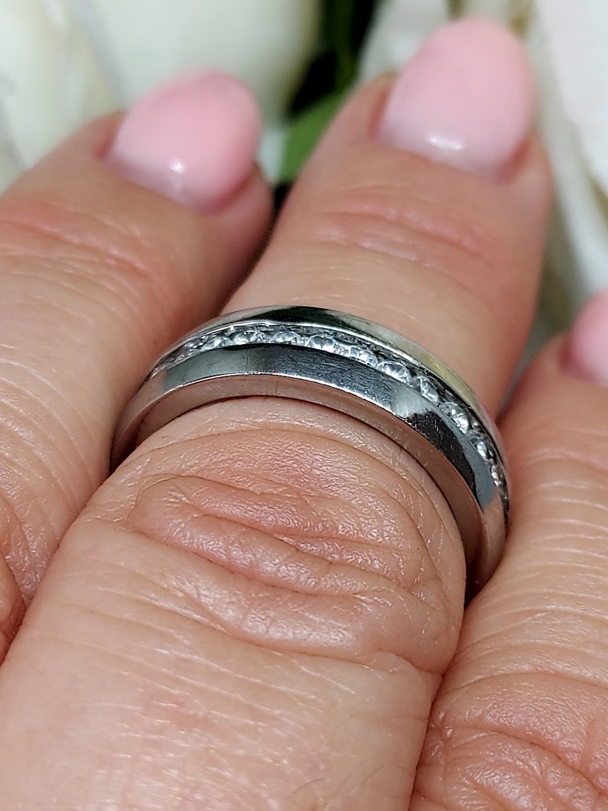 A Stunning S.Steel 5.5mm Wide Band With Channel Set Cubic Zirconia Uk Size L