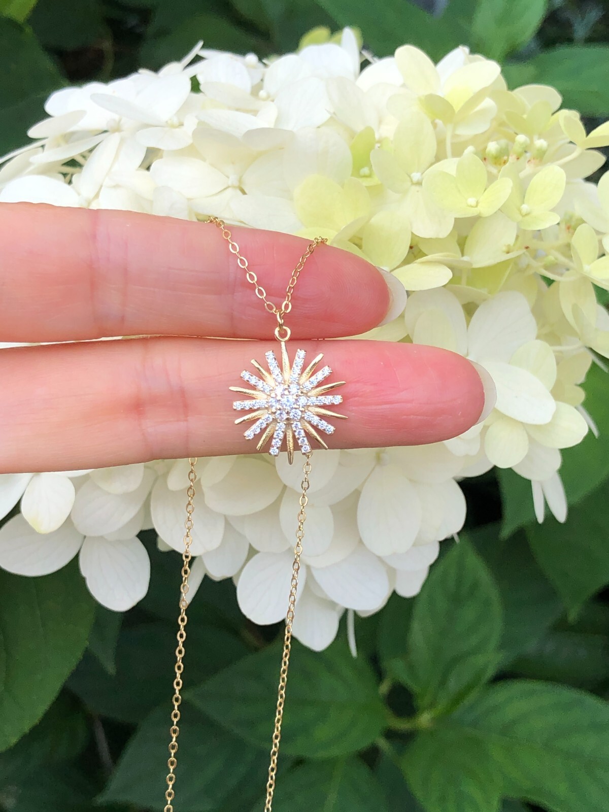 925 Sterling Silver CZ Gold Sunburst Sun Pendant Necklace Women 15mm 16-18″ Tiny