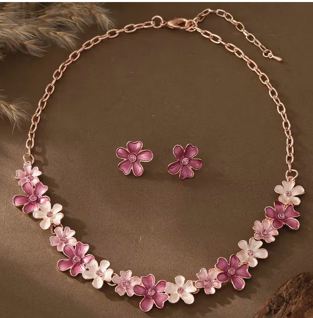 Blue pink daisy flower necklace earring set
