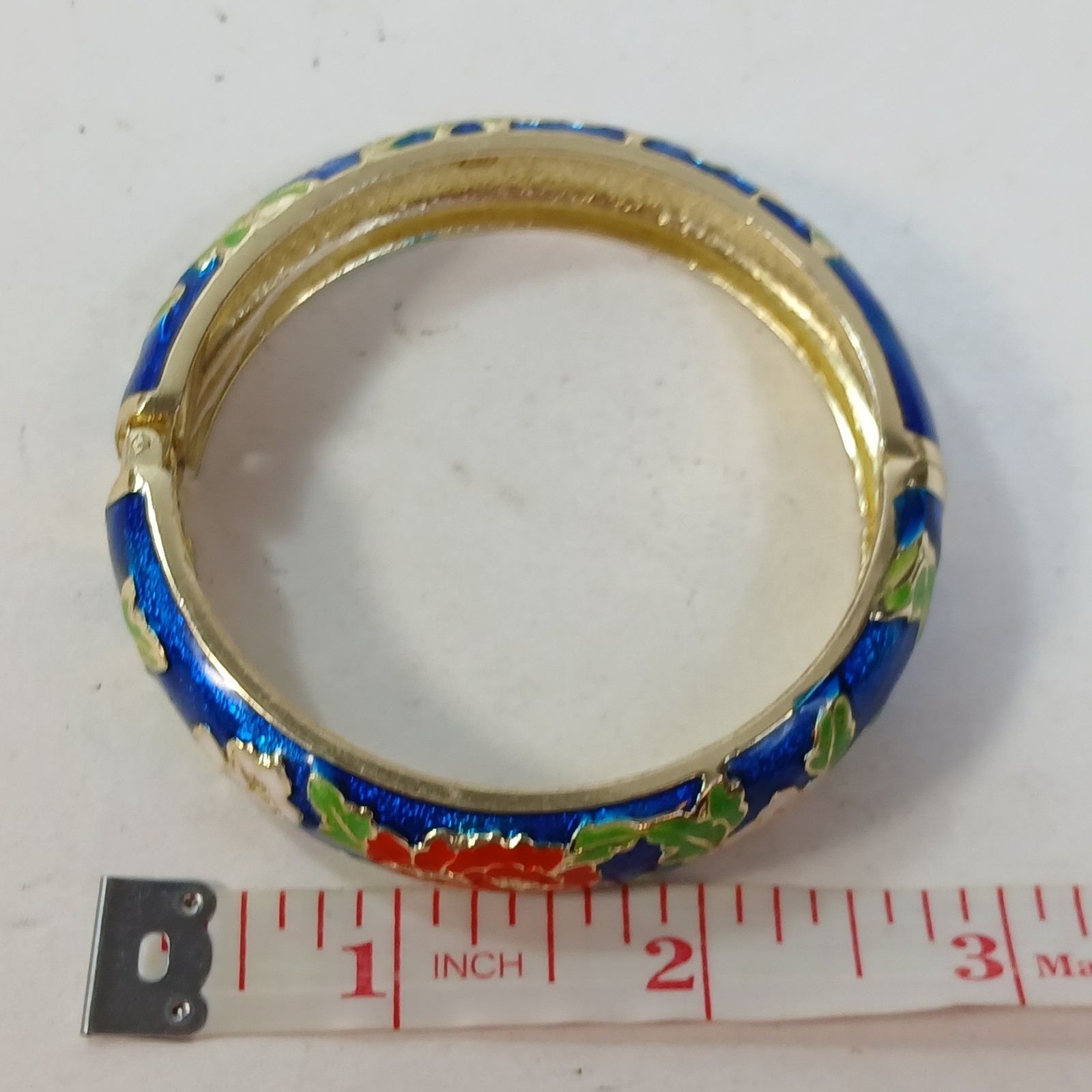 Signed Jiu Long Xing Blue Cloisonné Hinged Bracelet Enamel, Blue Bangle Floral