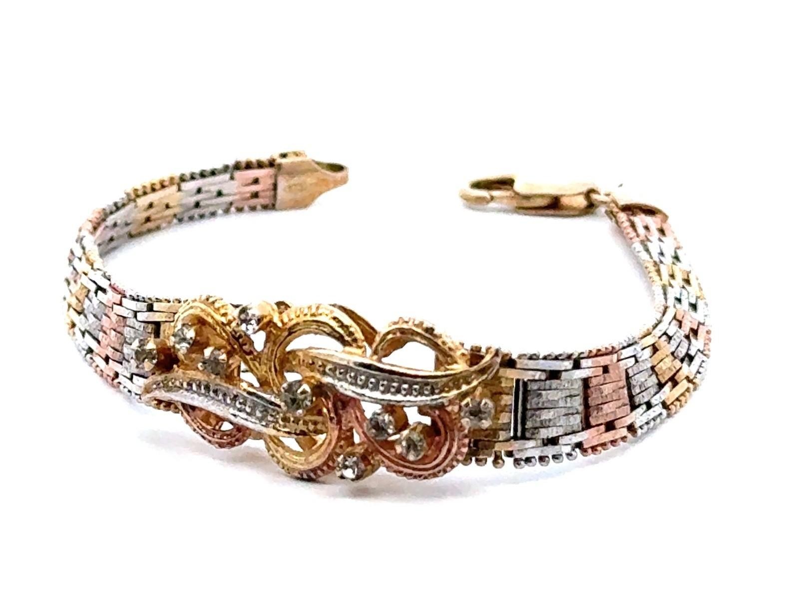 8” 925 Sterling Silver Tri Color Gold Plate CZ Riccio Bracelet, 16.8g