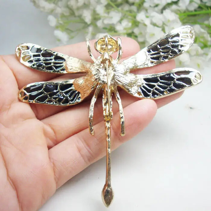 Vintage Style Black Rhinestone Crystal Dragonfly Insect Woman Brooch Pin Pendant