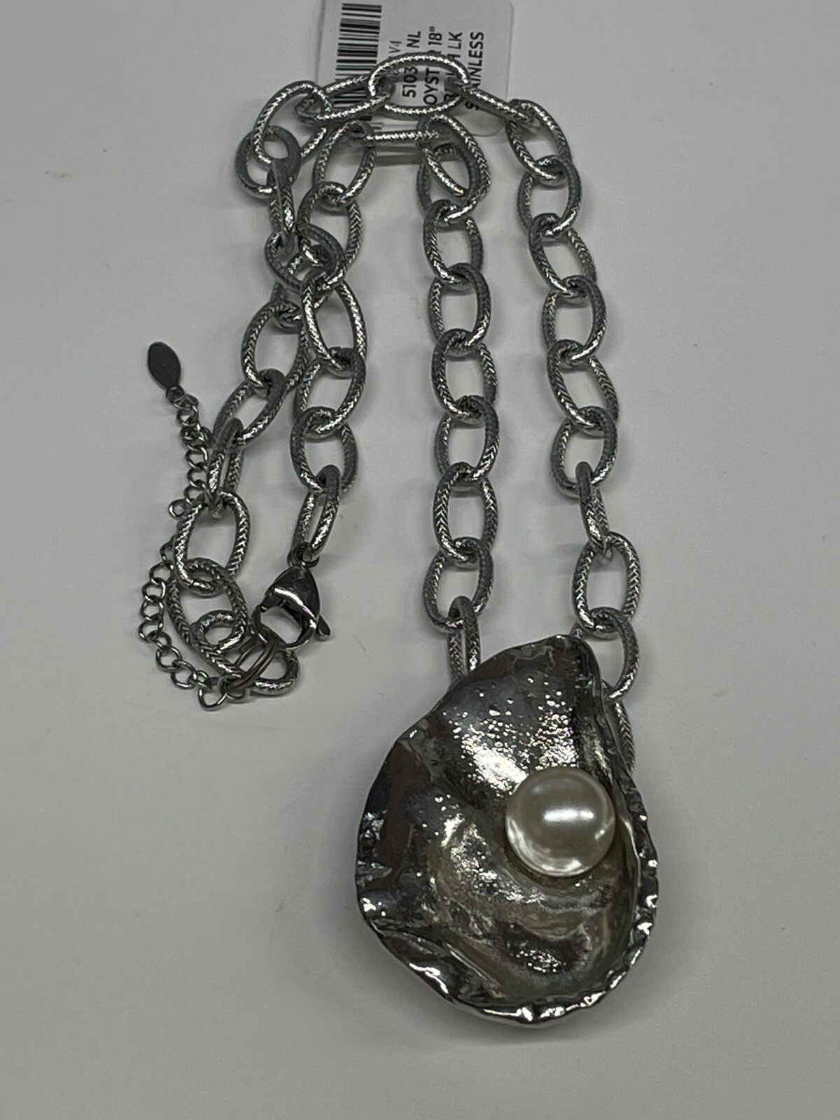 Oyster Shell Pearl Silver Necklace 18″ Stainless Brushed Link Chain Coastal NEW