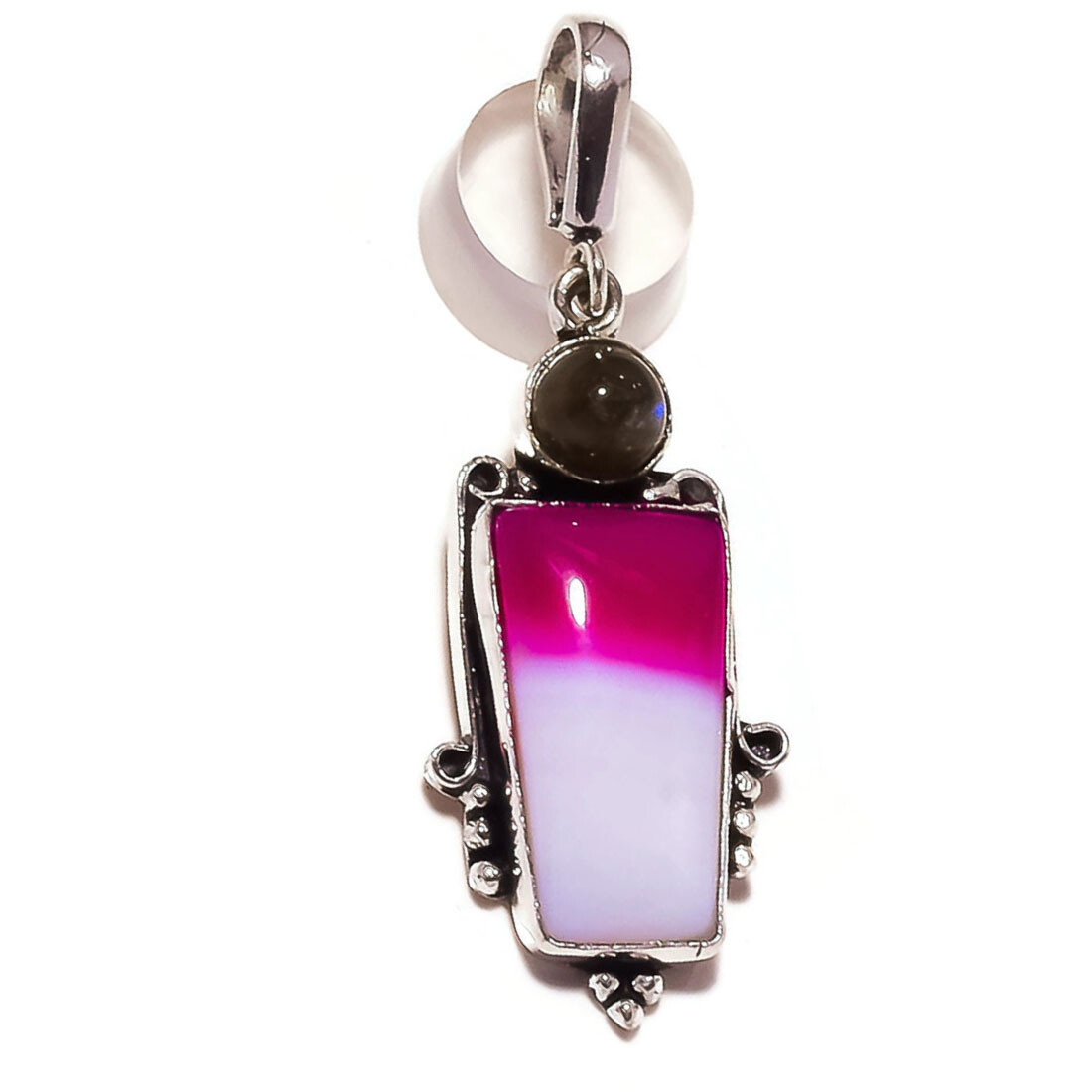 Pink White Agate, Blue Fire Labradorite Gemstone Silver Overlay Handmade Pendant