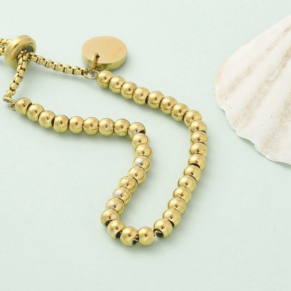 14K Gold Plated Stainless Steel Slider Bracelet Bead Beaded Adjustable T11
