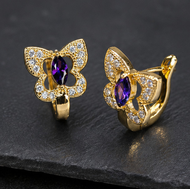 3Ct Marquise Simulated Amethyst Butterfly Hoop Earrings 14K Yellow Gold Plated