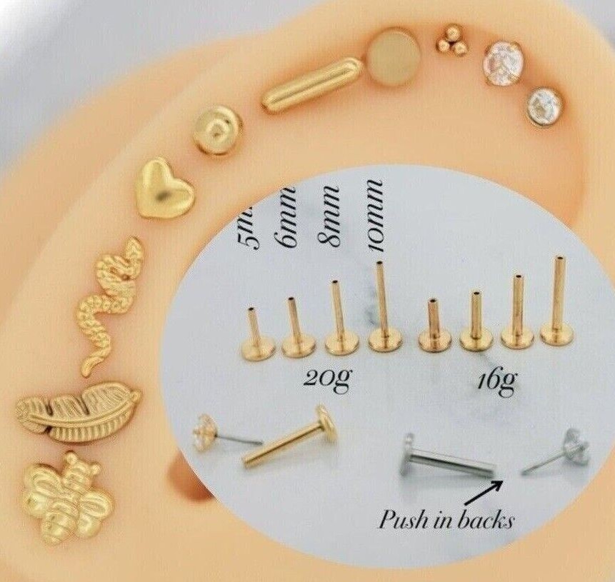 G23 Easy to put Push-in Threadless Earrings Flat Back Stud Lobe Cartilage Helix
