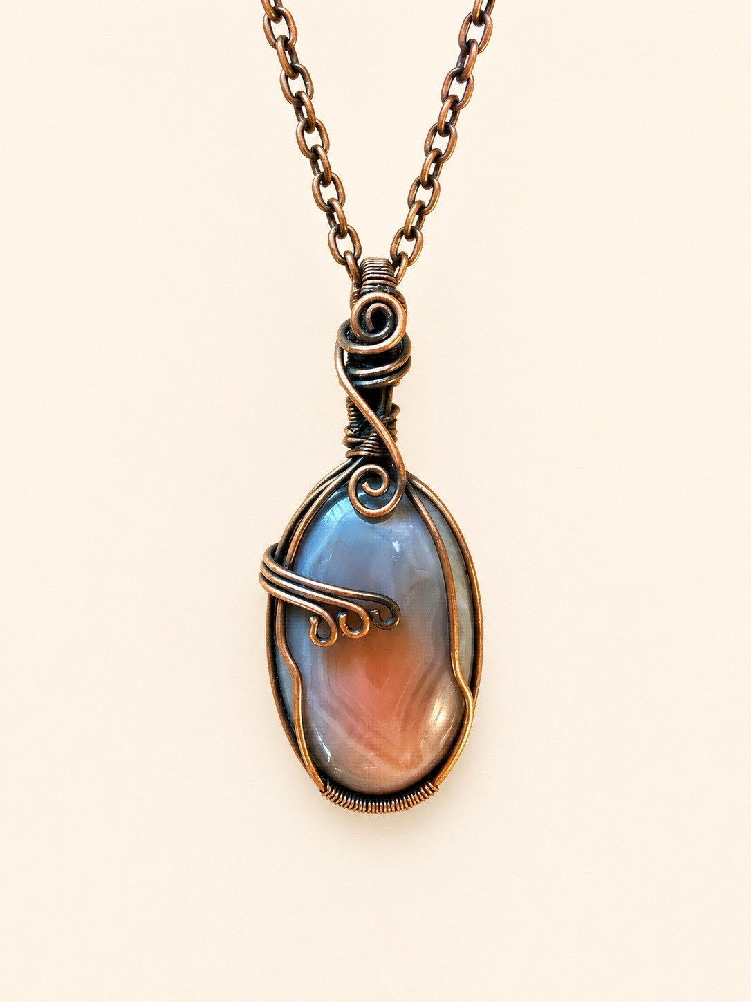 Agate Copper Wrapped Pendant 2.5”/Solid Copper Necklace 20”