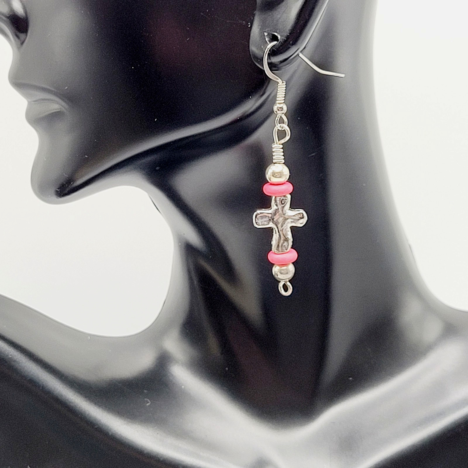 Southwestern Silver Tone Cross w Pink Ceramic Bead Metal Hook Pierced Earrings