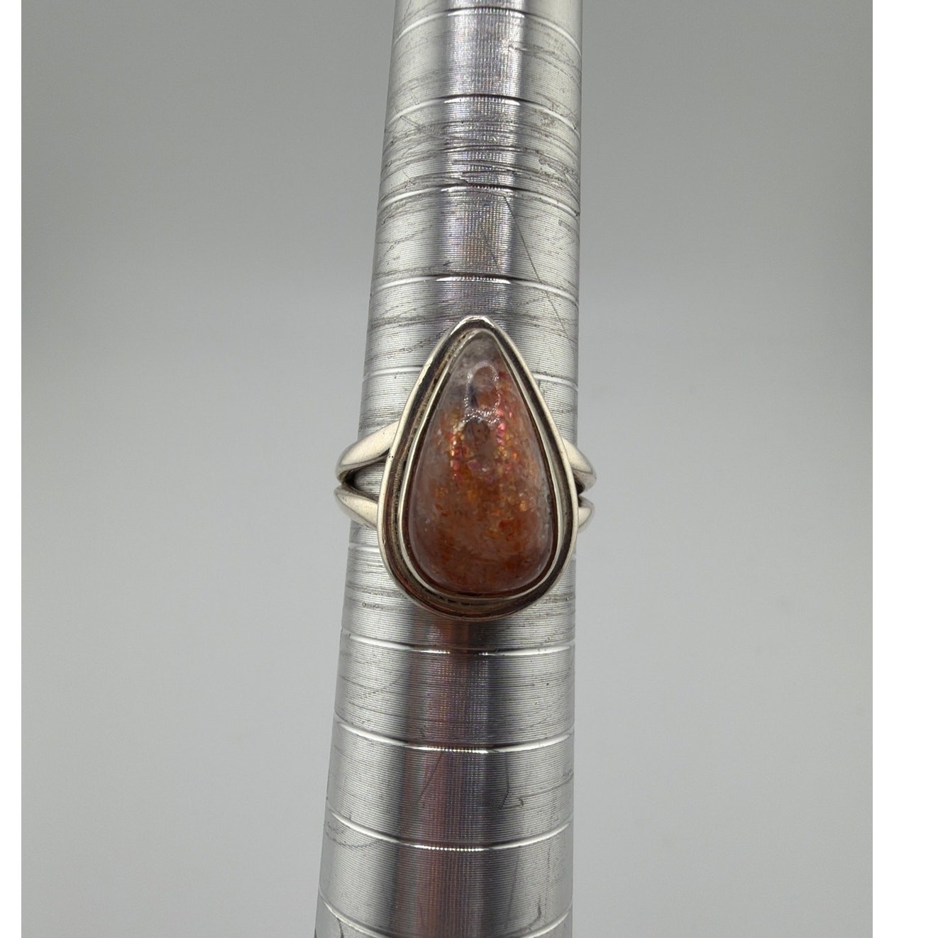 Bohemian Handcrafted Sterling Silver Pear-Shaped Sunstone Ring Size 7