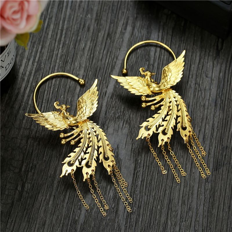 Bridal Gold Plated Phoenix Tassel Ear Cuff Chinese Cheongsam Accessory