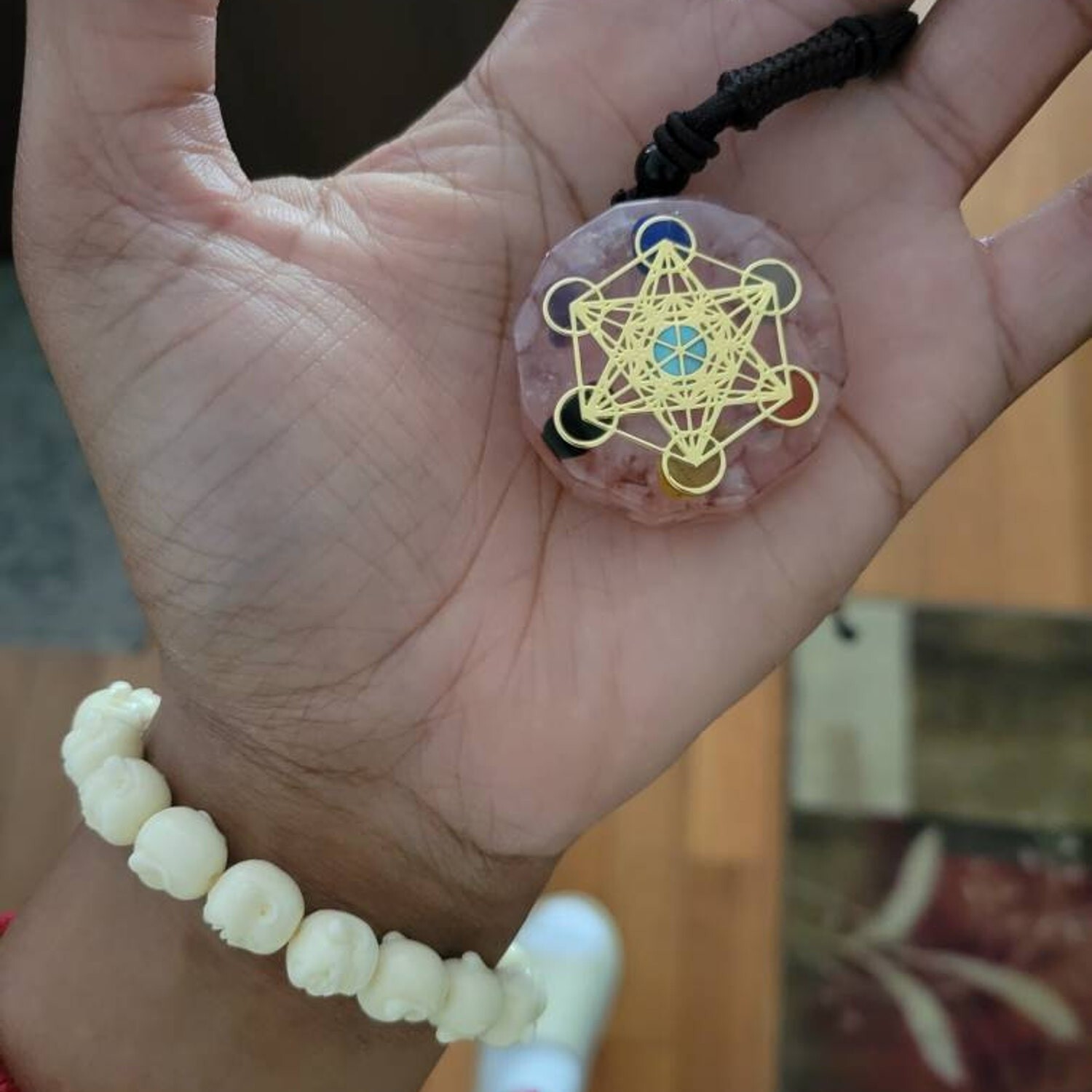 Rose Quartz Orgonite Pendant Necklace 7 Chakra Orgonite Yantra Geometry Necklace