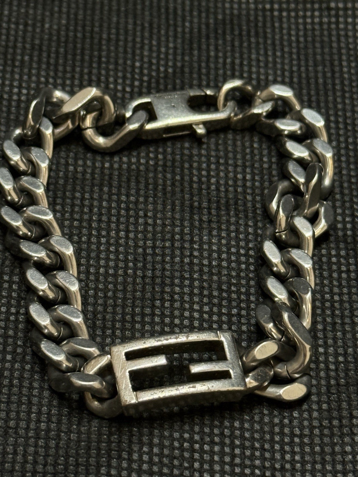 FENDI FF Baguette Logo Chain Bracelet Silver Tone Metal Italy Vintage Unisex