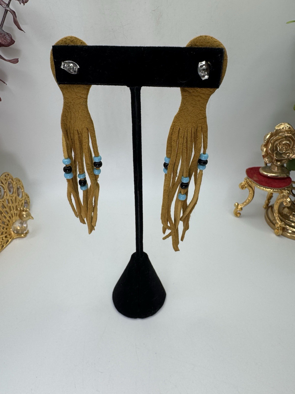 Silver Tone & Beige Leather Tassel Earrings Native Style Whit Turquoise Accents