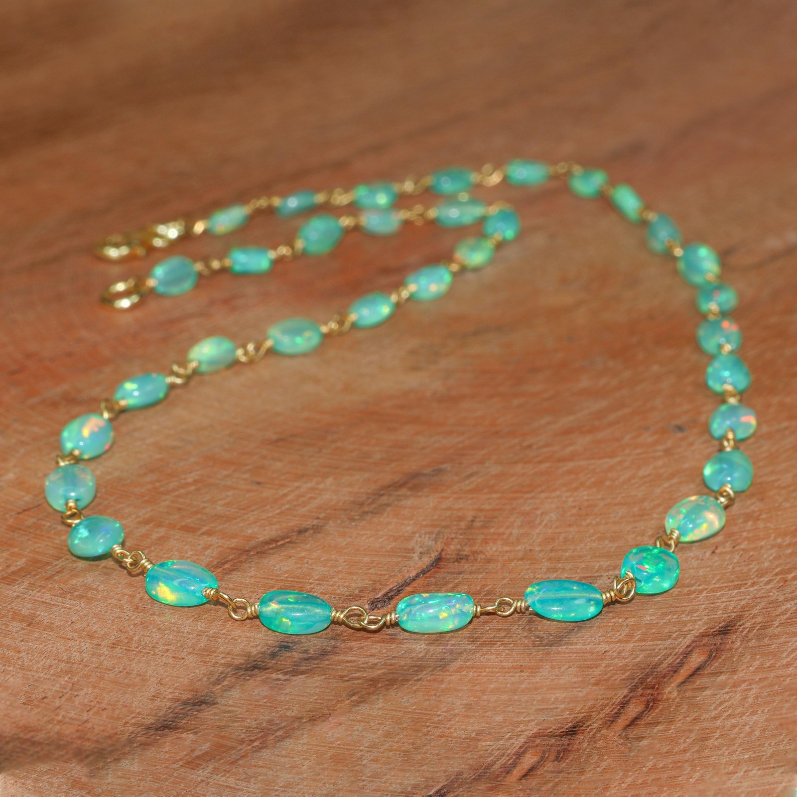 Fire Green Opal Tumble Beads Wire Wrap Necklace, Natural Ethiopian Opal Beaded