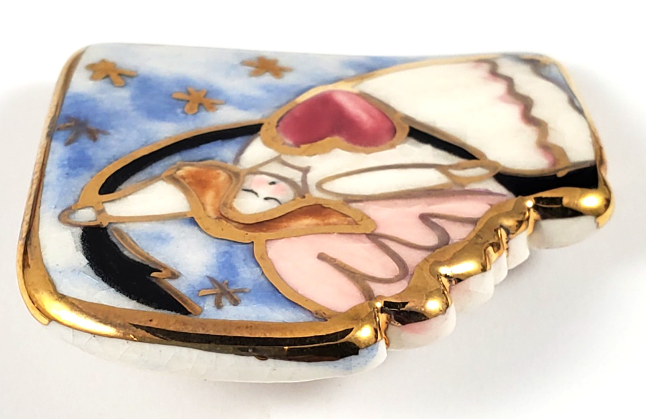 Vintage Angel Multicolor Ceramic Enamel Brooch-Celestial Heart & Stars Pin
