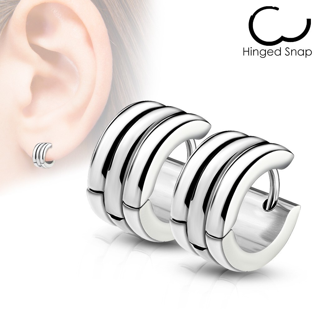 Stainless Steel Triple Dome Hoop Huggie Earrings Pair 20GA Earring Silver Plated