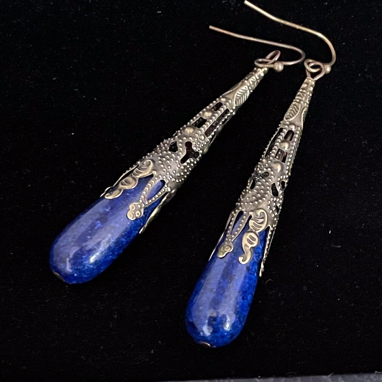 Lapis Lazuli Earrings Long Filigree Drops Art Nouveau Jewelry