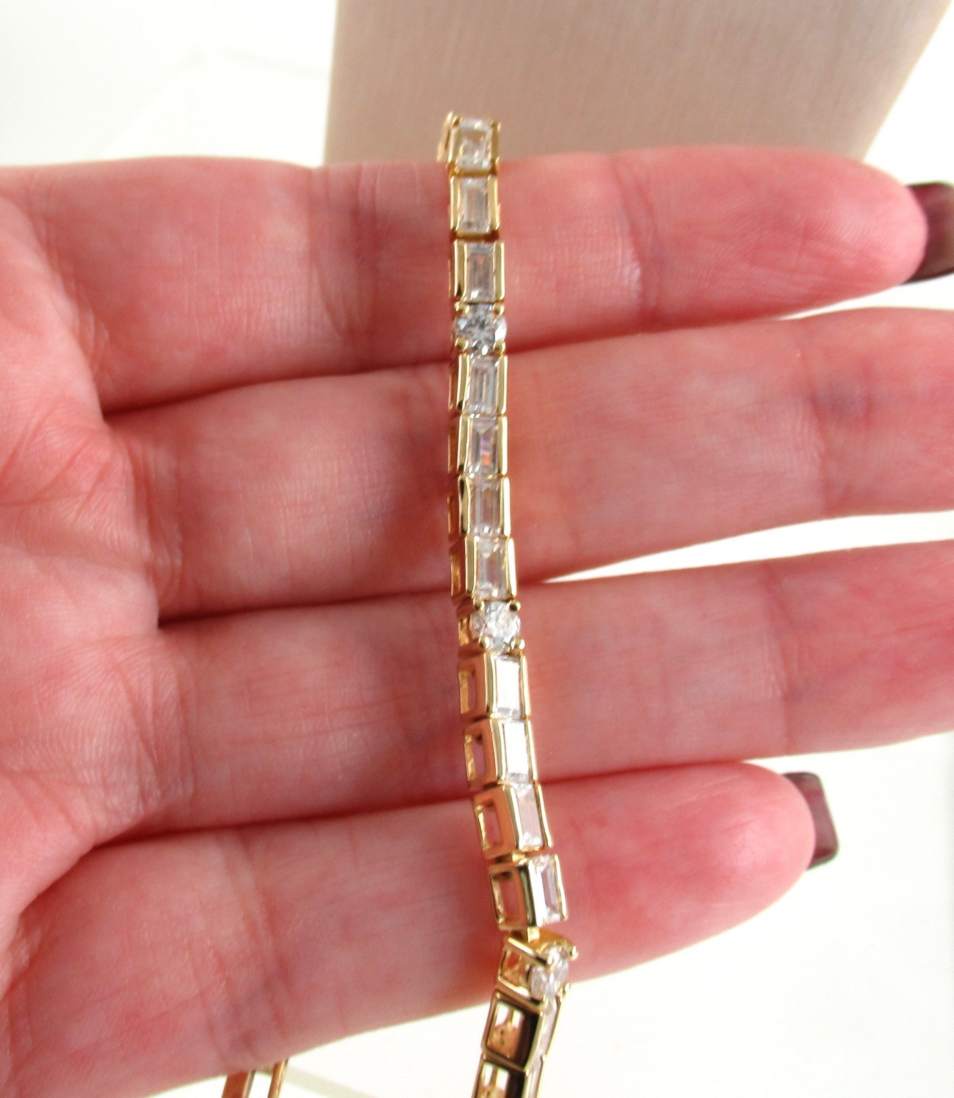 .925 Sterling Silver Yellow Gold Plated CZ Tennis Bracelet Round & Baguette 8″