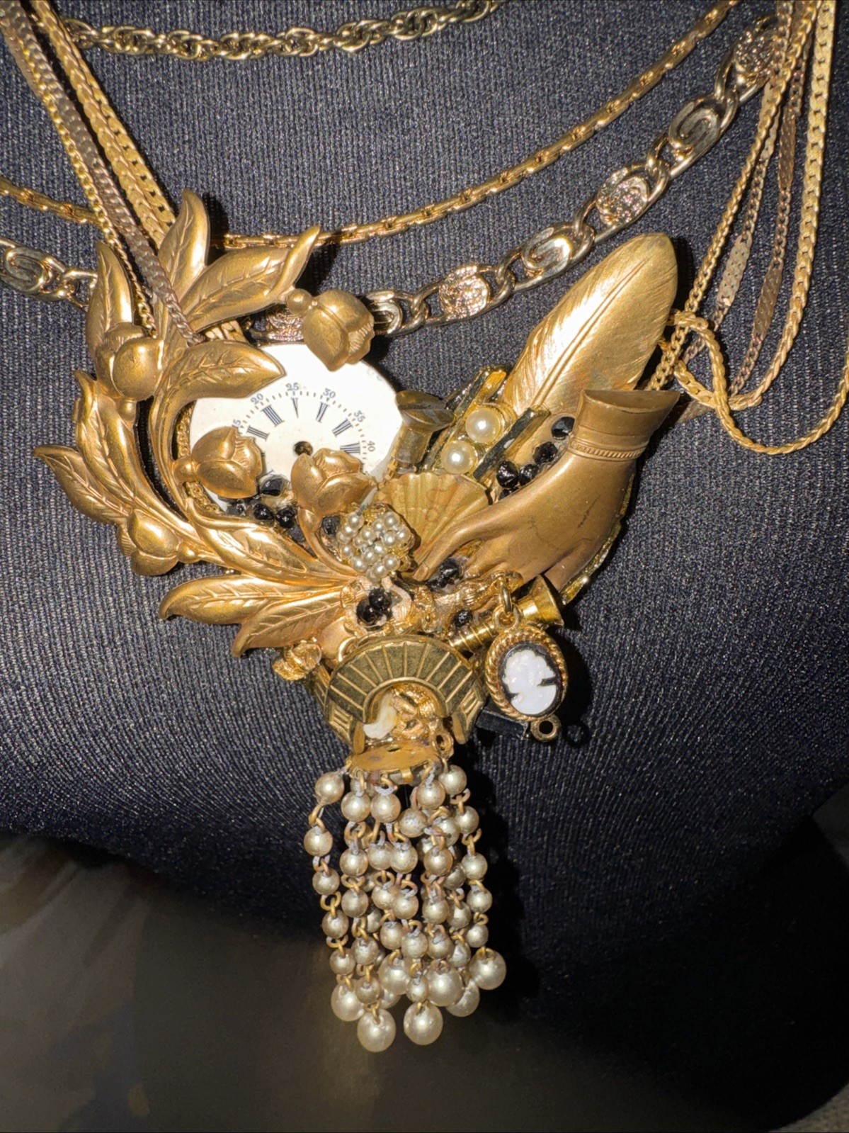 John Wind-Hilary Jay MAXIMAL ART Mixed Metal Clock HandCopper Pearl Brooch Chain