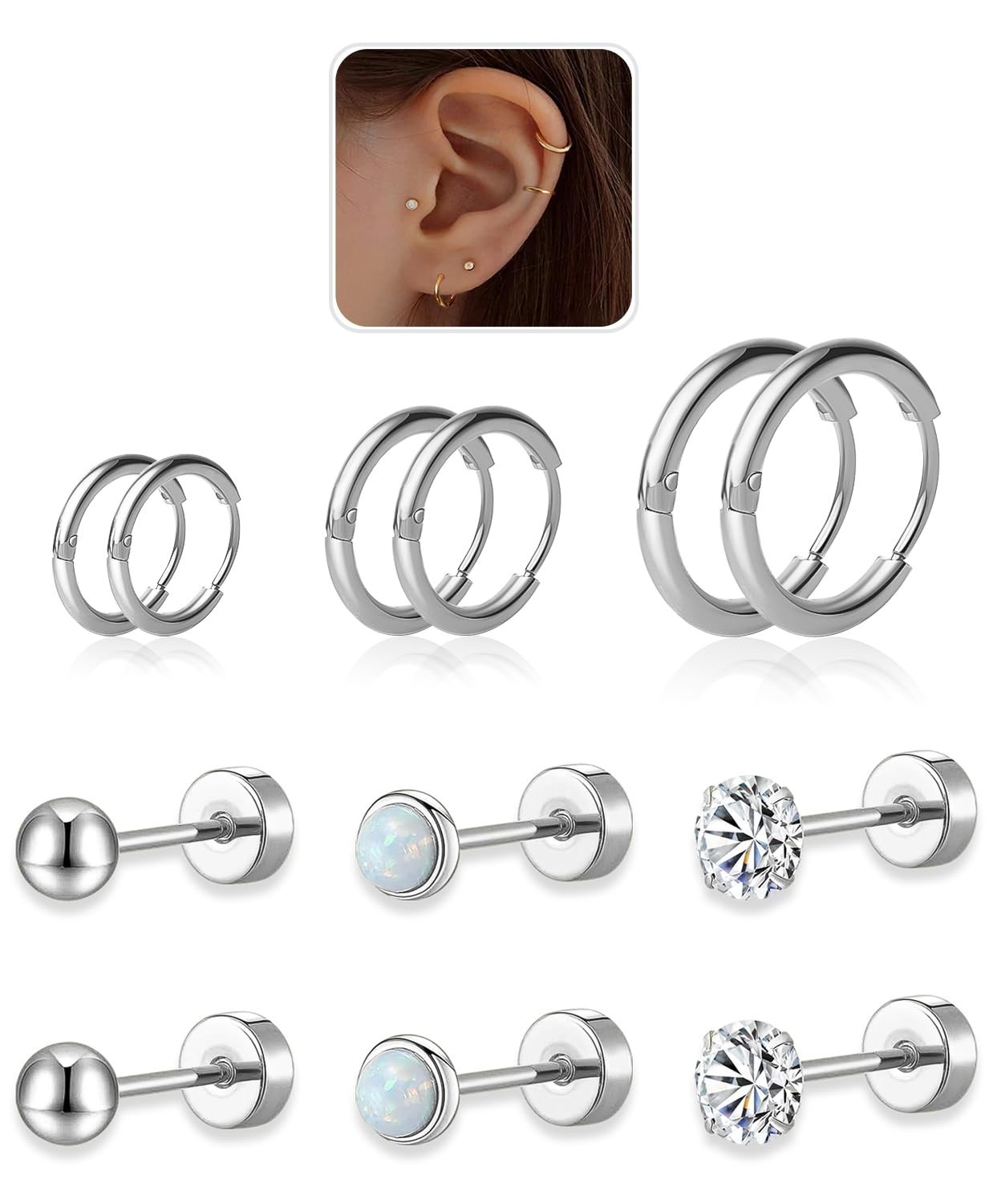 6mm-10mm Surgical Steel Huggie Hoop Earrings Flat Back Stud Set Piercing Jewelry