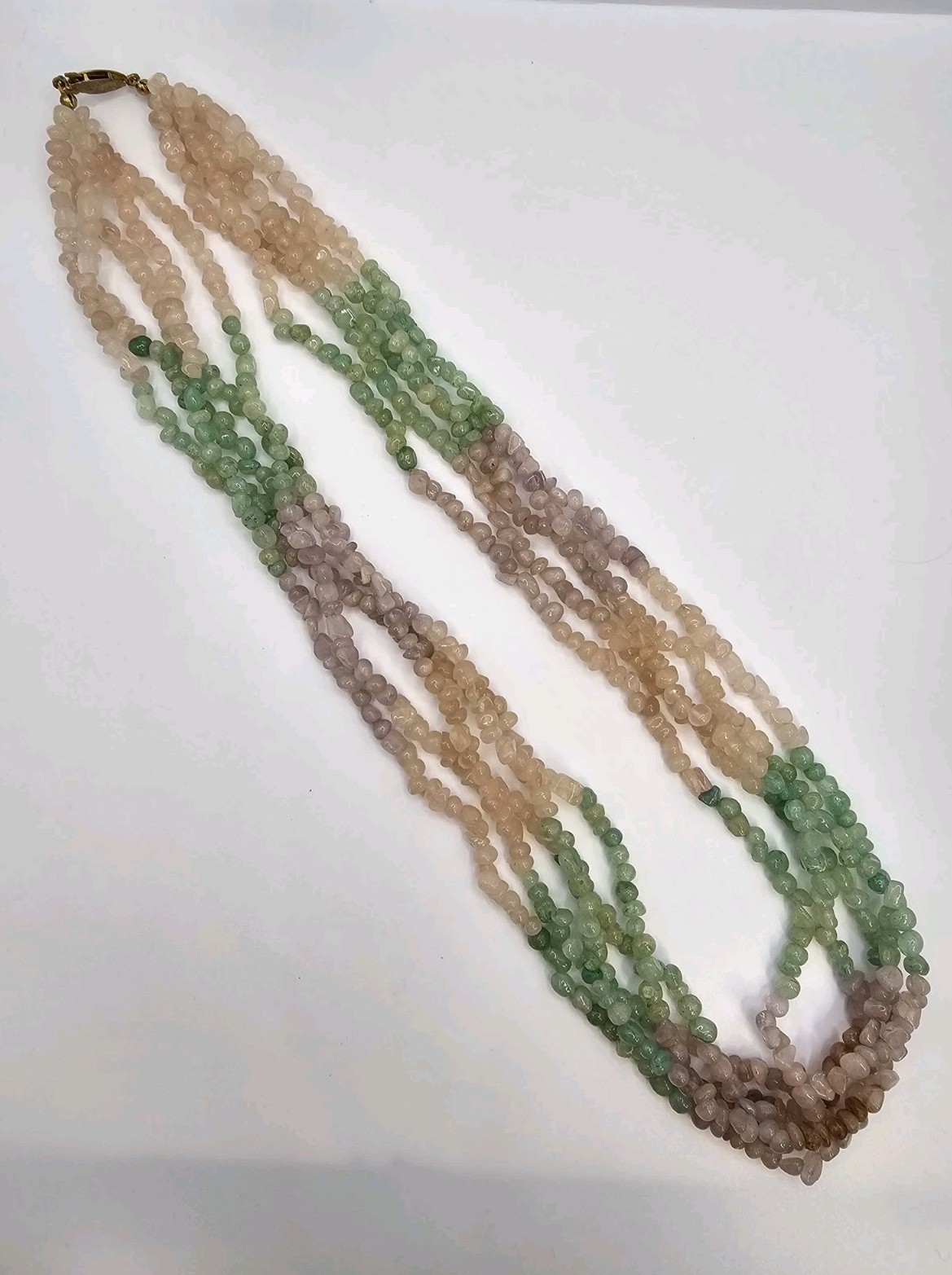 Five-strand Pastel Pink Rose quartz & Mint Green Adventurine & Amethyst 23″ Neck