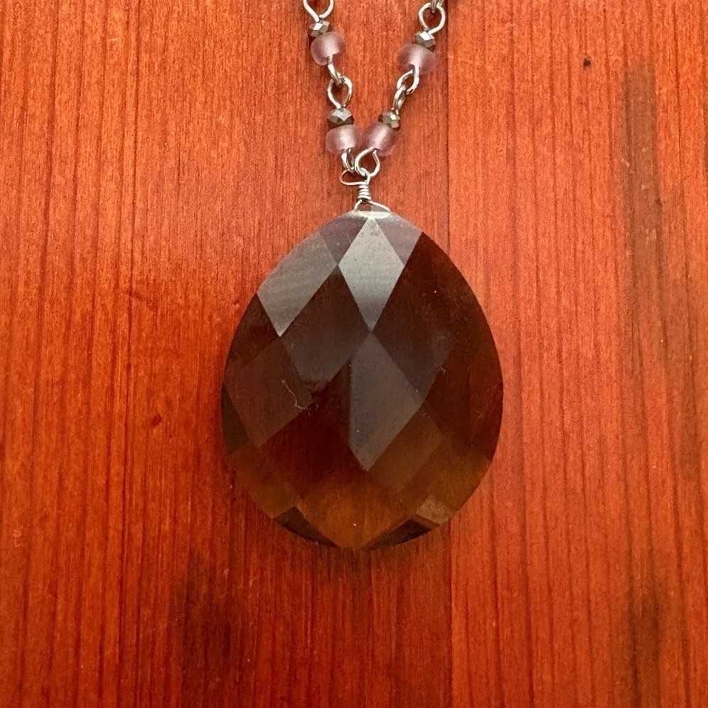 Boho Smoky Brown Faceted Teardrop Pendant Necklace Purple Beaded Silver Chain