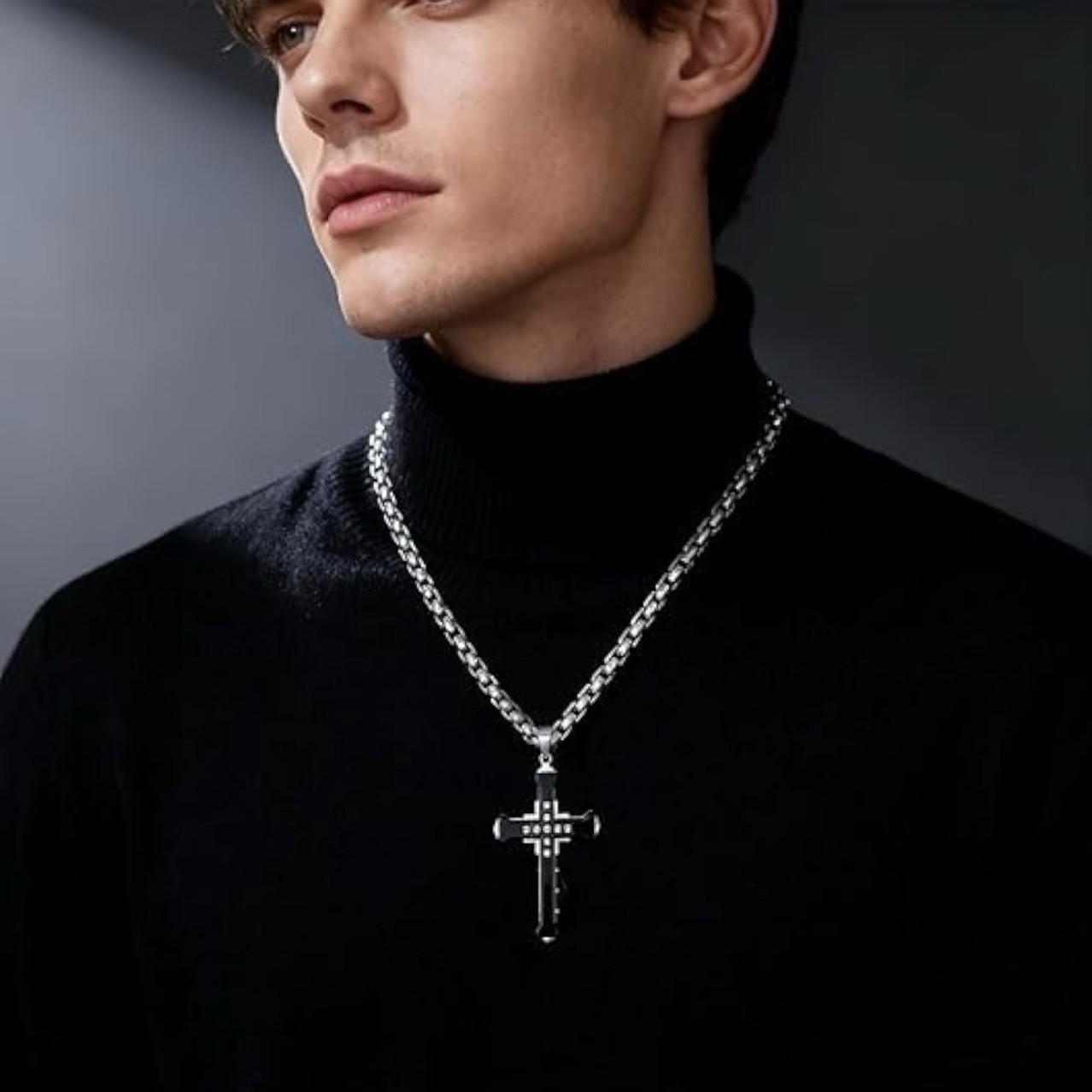 Stainless Steel Black Cross Charm Pendant Necklace Clear Crystal Ball Chain
